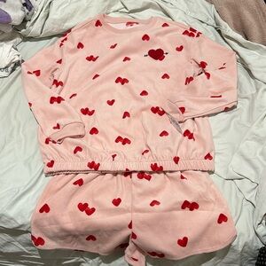 Carters 14 pale pink long sleeve fleece elastic shorts red hearts print nwt